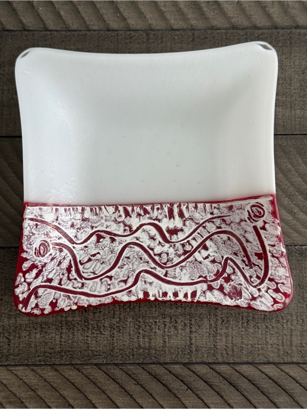Decorative White and Red Fused Glass Trinket Dish/Tray - Jewelry Tray